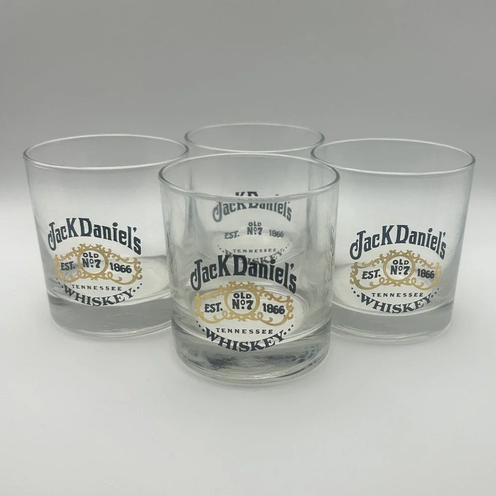 Jack Daniel's Old No. 7 Whiskey Rocks Glass Set of 4 Logo Clear Black Gold 3.5in